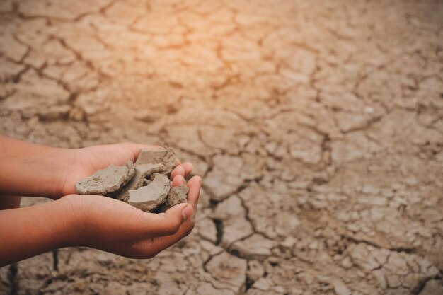 Mani tagliate di una persona che tiene la terra secca su un terreno sterile