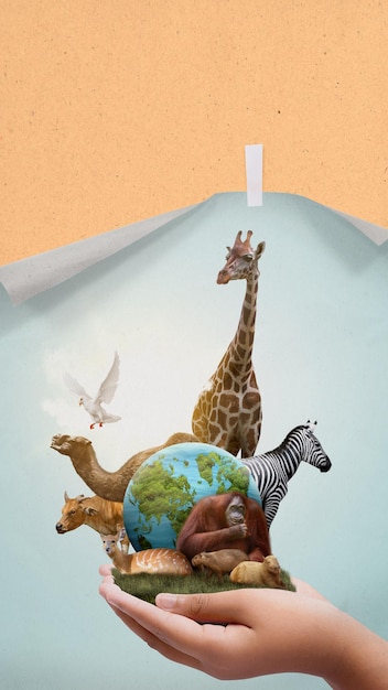 Mani umane che mostrano la fauna selvatica, gli animali e la terra Il concetto della Giornata Mondiale degli Animali