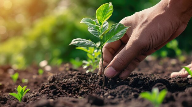 Mani umane che piantano giovani piante verdi nel suolo