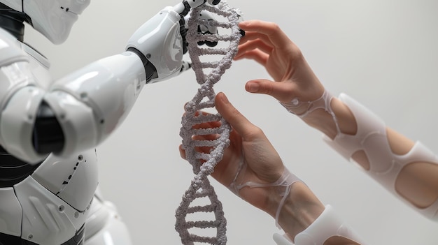 Mani umane e robot che si collegano su un filamento di DNA che simboleggia la biotecnologia avanzata