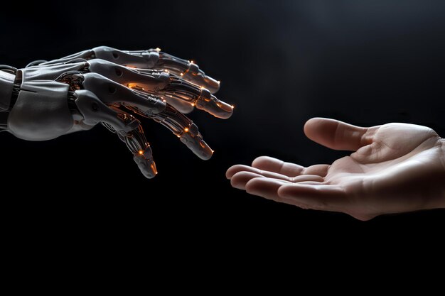 Mani umane e robot che si estendono l'una verso l'altra connessione AI e concetto di amicizia
