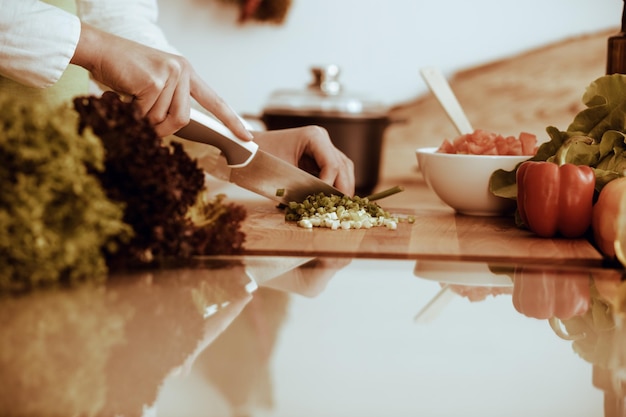 Mani umane sconosciute che cucinano in cucina. Donna che affetta la cipolla verde Pasto sano e concetto di cibo vegetariano.