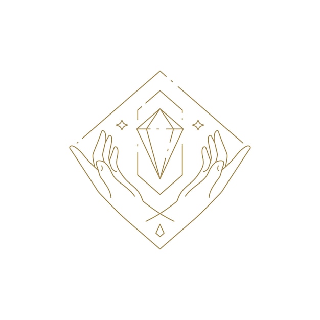 Mani umane spirituali che tengono gioielli gemma simbolo magico luminoso cornice geometrica linea dorata minimalista icona vettoriale illustrazione esoterica emblema premium spa relax meditazione etichetta di pietre preziose
