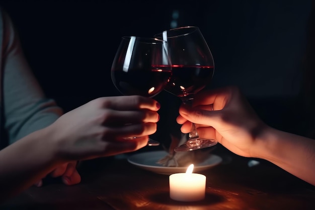 Mani uomo e donna che tengono bicchieri di vino con un appuntamento romantico IA generativa