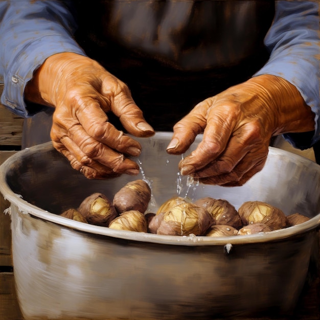 Mani vecchie che lavano le verdure in una ciotola mani rugose delle donne mani dopo un duro lavoro generate dall'IA