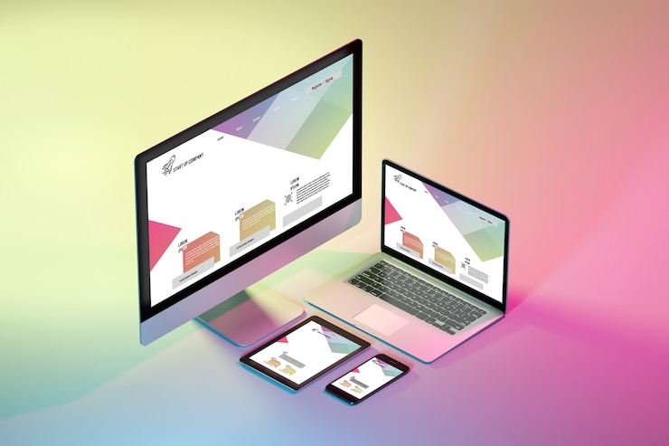 Foto manichino di dispositivi isometrici su un colorato - rendering 3d