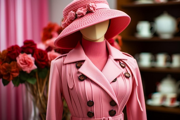 Manichino vestito con cappotto e cappello rosa AI generativa