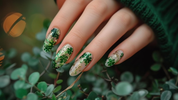 Manicure dettagliata con disegni di trifoglio verde e luccioli d'oro perfetti per occasioni festive