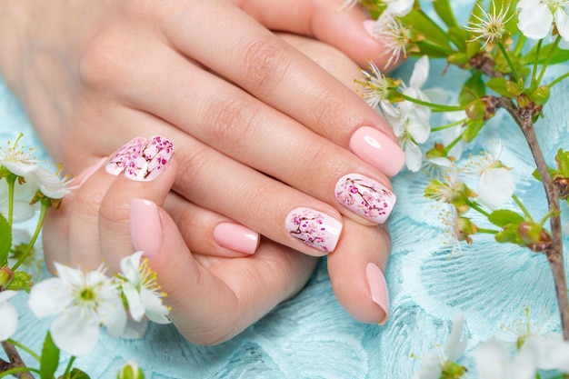 Manicure primaverile per la sposa in toni delicati con fiori Nail Design Closeup