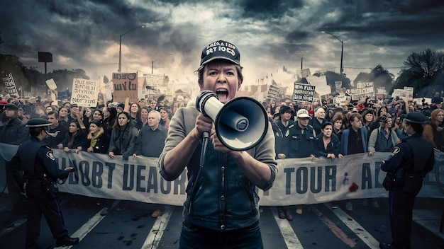 Manifestante con un megafono durante una manifestazione