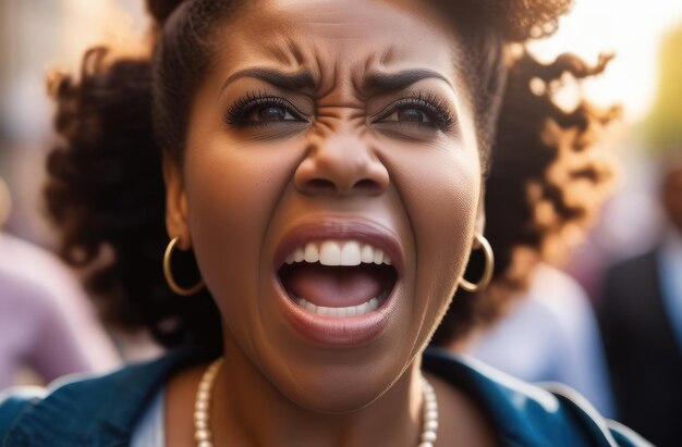 manifestante nera arrabbiata che urla per strada attivista femminile che lotta contro la violazione dei diritti