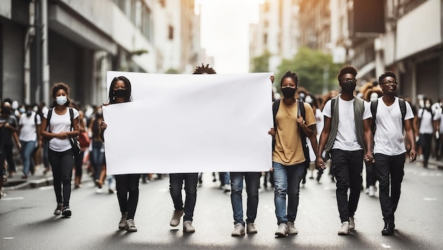 Manifestanti che marciano per strada con uno striscione bianco con spazio per le copie