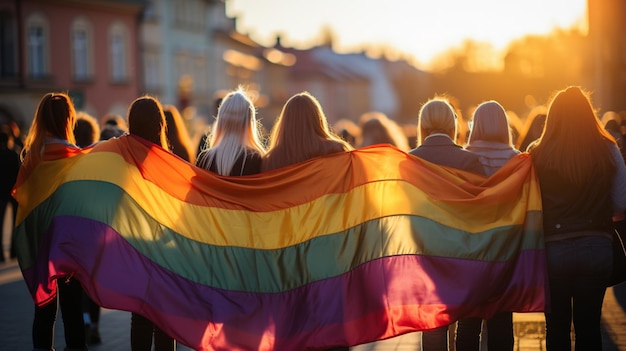 manifestanti che tengono la bandiera di colore arcobaleno