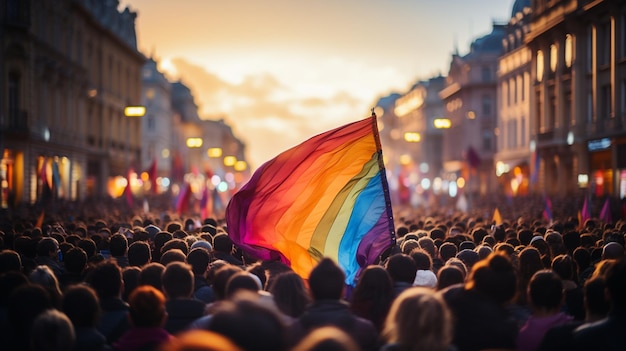 manifestanti che tengono la bandiera di colore arcobaleno