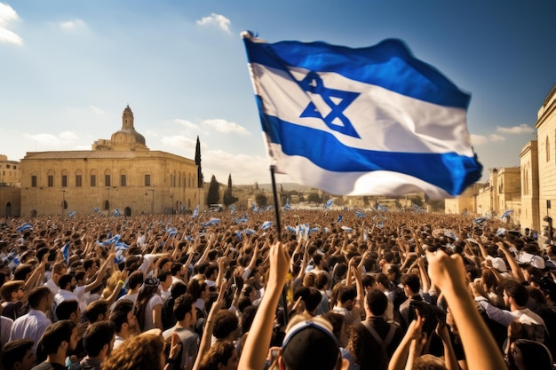 Manifestazione a sostegno del popolo israeliano con bandiere israeliane in piazza