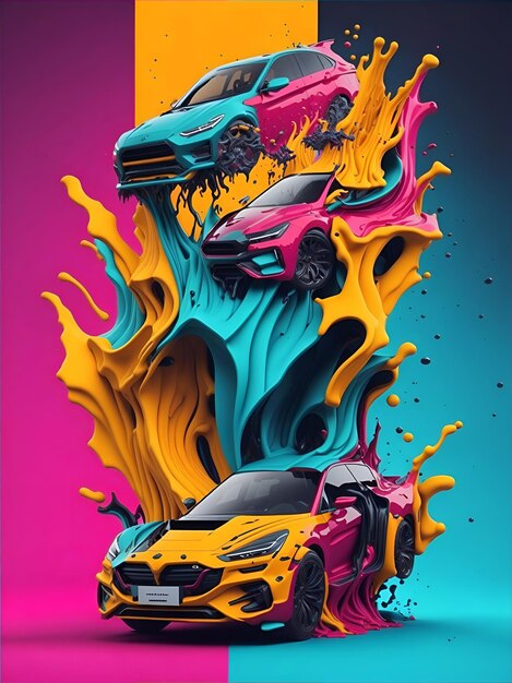 Manifesti liquidi 3d colorati con forme di auto