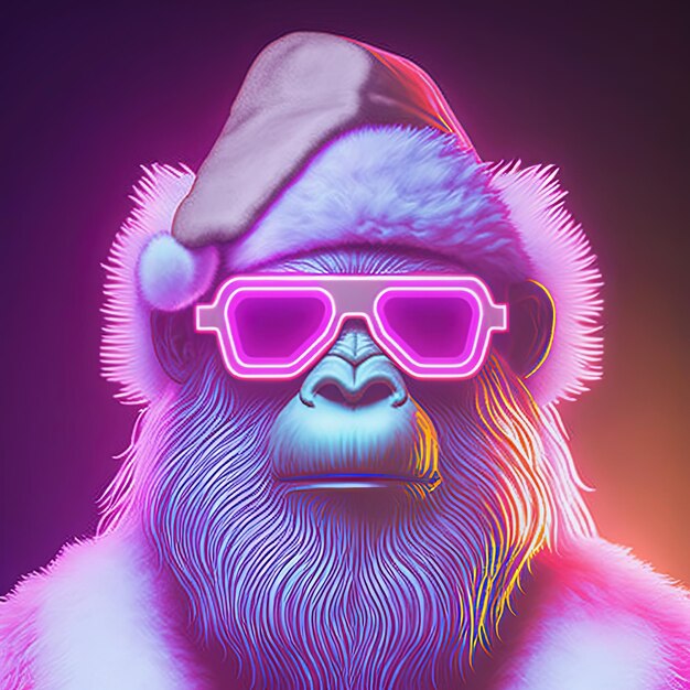 Manifesto della festa al neon di Natale con Gorilla Santa Claus Generative AI Non basato su nessuna scena reale