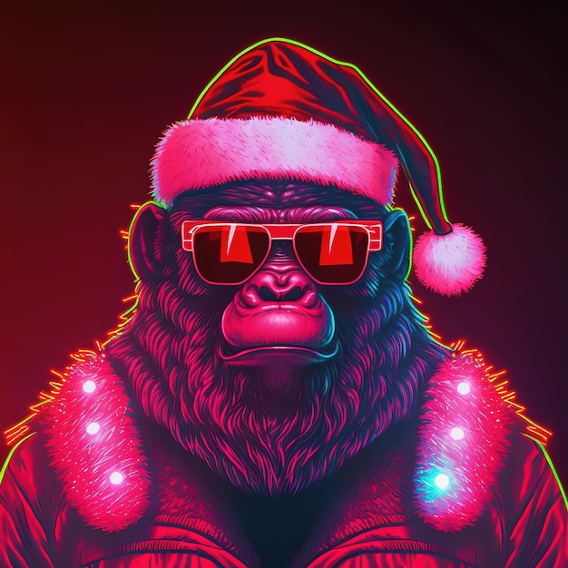 Manifesto della festa al neon di Natale con Gorilla Santa Claus Generative AI Non basato su nessuna scena reale