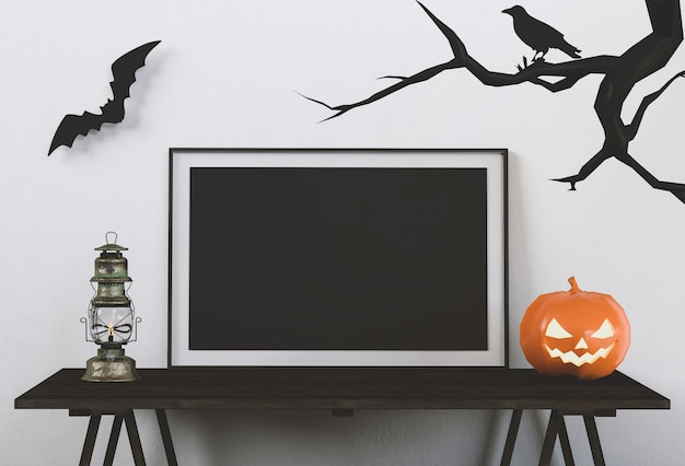 Manifesto di Halloween mock up in soggiorno e zucche