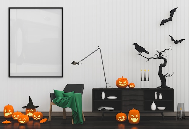 Manifesto di Halloween mock up in soggiorno e zucche