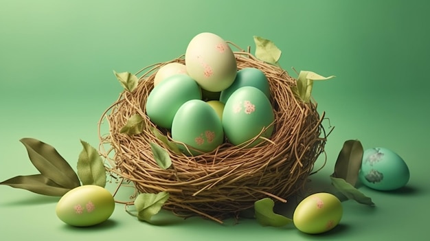 Manifesto di Pasqua e modello di banner con uova di Pasqua nel nido su sfondo verde chiaro