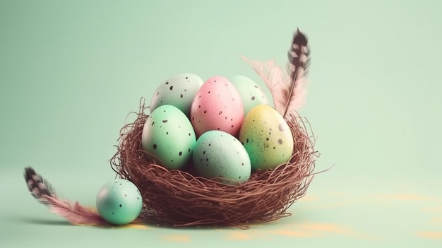 Manifesto di Pasqua e modello di banner con uova di Pasqua nel nido su sfondo verde chiaro