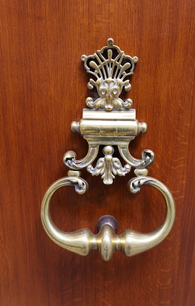 Maniglia per porta in bronzo antico su porta urbana in legno marrone scuro