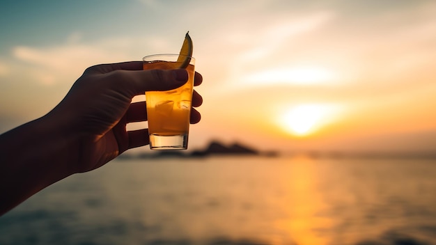 Mano caucasica che tiene un piccolo bicchiere di cocktail sullo sfondo sfocato dell'orizzonte del mare al tramonto immagine generata dalla rete neurale