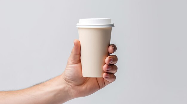 Mano caucasica dell'uomo che tiene una tazza di carta del caffè in bianco bianca Generative AI
