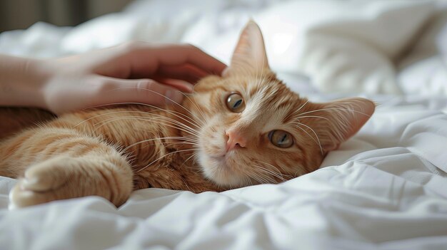 Mano che gioca con il Gatto su un letto bianco