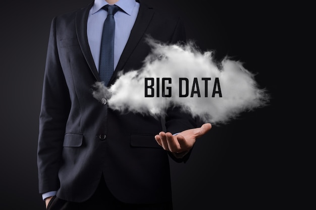 Mano che mostra una nuvola con le parole big data su sfondo scuro.