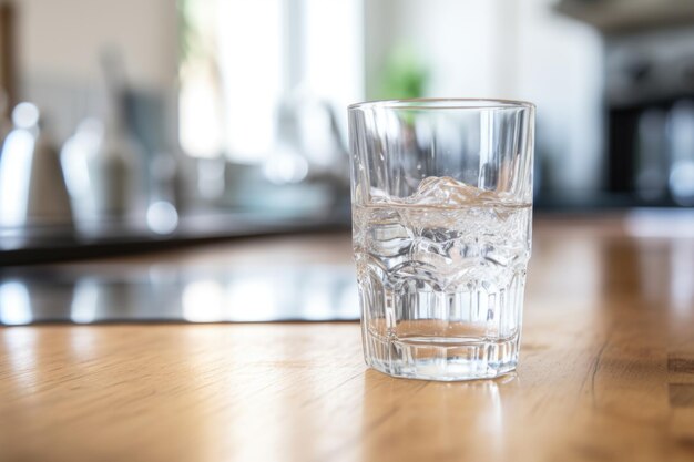 Mano che prende un bicchiere di acqua frizzante da un piano di lavoro