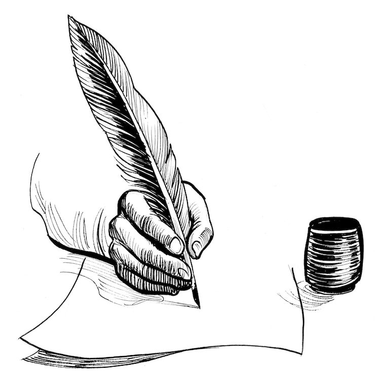 Foto mano che scrive con una penna d'oca disegno in bianco e nero dell'inchiostro