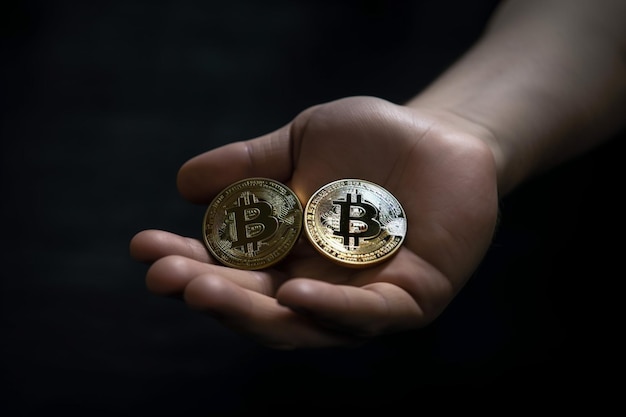 Mano che tiene denaro bitcoin investimento moderno in valuta digitale Simbolo digitale di una nuova valuta virtuale IA generativa