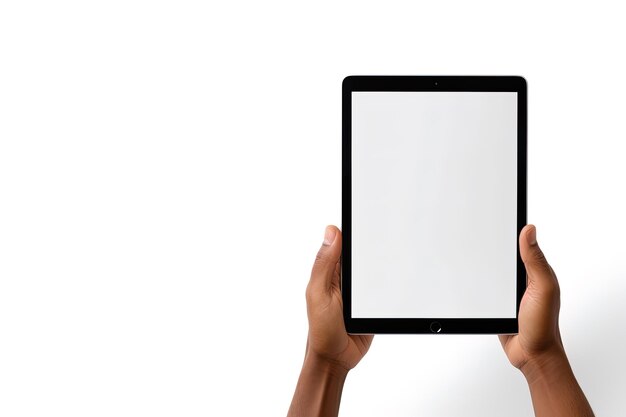 Mano che tiene il tablet con schermo vuoto mockup isolato su sfondo bianco con spazio per la copia