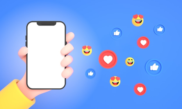 Mano che tiene il telefono cellulare con le icone dei social media Mi piace ed emoji per il modello del telefono