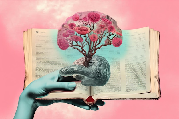 Mano che tiene l'icona del libro w parole all'interno della lettura del cervello in mezzo a un colorato poster di tela surrealista in stile vintage IA generativa