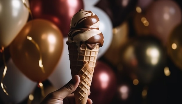 Mano che tiene l'indulgenza del cono gelato al cioccolato generata dall'intelligenza artificiale