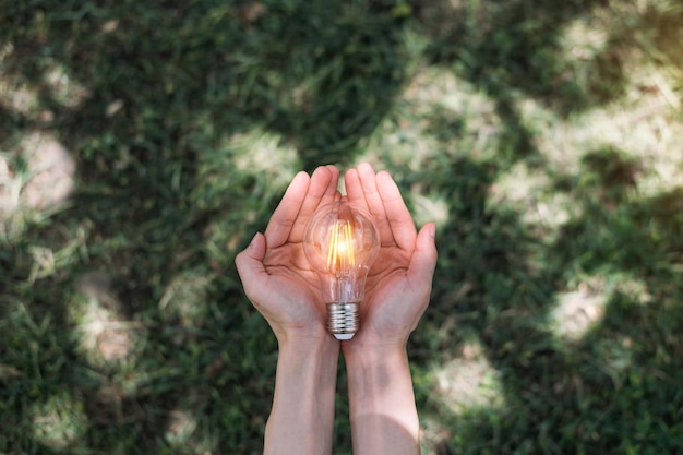 Mano che tiene la lampadina con sfondo verde. idea energia solare nel concetto di natura