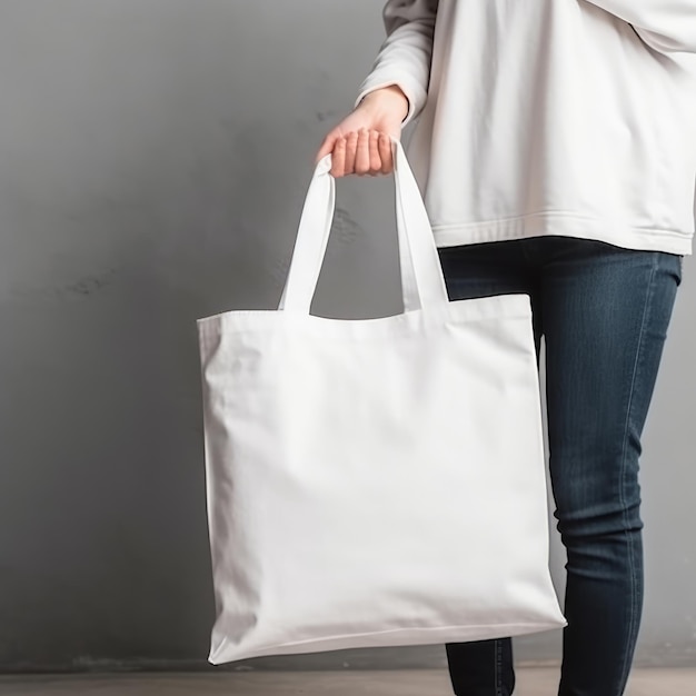 Mano che tiene la totebag bianca vuota AI generativa