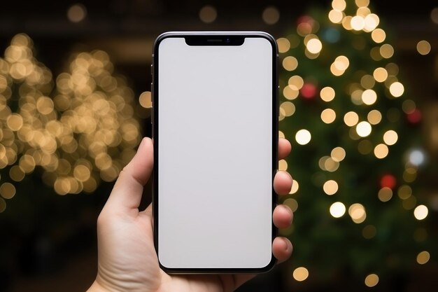 Mano che tiene lo schermo bianco vuoto dello smartphone sullo sfondo dell'IA generativa di Natale