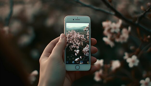 Mano che tiene lo smartphone che fotografa la natura che manda messaggi di testo all'aperto comunicazione wireless generata dall'intelligenza artificiale