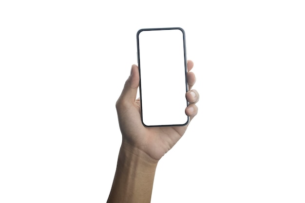 Mano che tiene lo smartphone mobile su tecnologia di sfondo bianco Design mockup dello schermo del telefono cellulare su isolare con percorso di ritaglio
