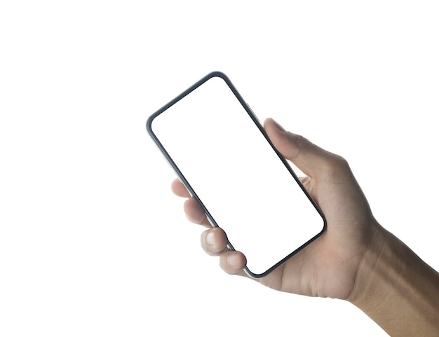 Mano che tiene lo smartphone mobile su tecnologia di sfondo bianco Design mockup dello schermo del telefono cellulare su isolare con percorso di ritaglio