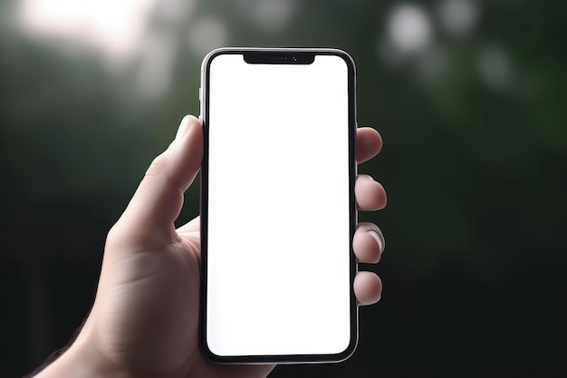 Mano che tiene smartphone con telefono cellulare con schermo bianco visto da vicino AI