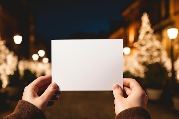 Mano che tiene un biglietto di auguri vuoto sullo sfondo di un albero di Natale elegantemente decorato con una luce dorata