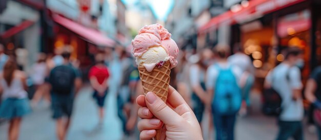 Mano che tiene un cono di gelato che cammina in una strada trafficata contro il negozio immagine generata da AI