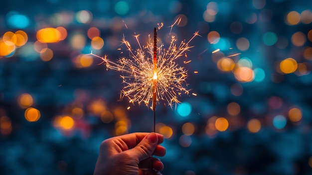 Mano che tiene un fuoco d'artificio con una città sfocata sullo sfondo