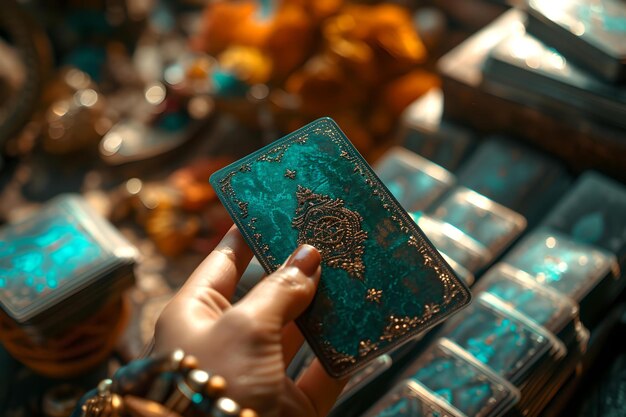 Mano che tiene un notebook ornato di blu verde in mezzo a una collezione di riviste di lusso e tessuti perfetti per temi culturali artigianato squisito AI