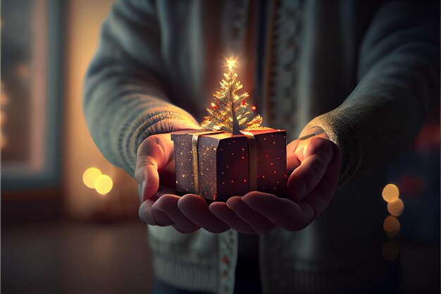 Mano che tiene un regalo C'è un albero di Natale decorato sullo sfondo con luci